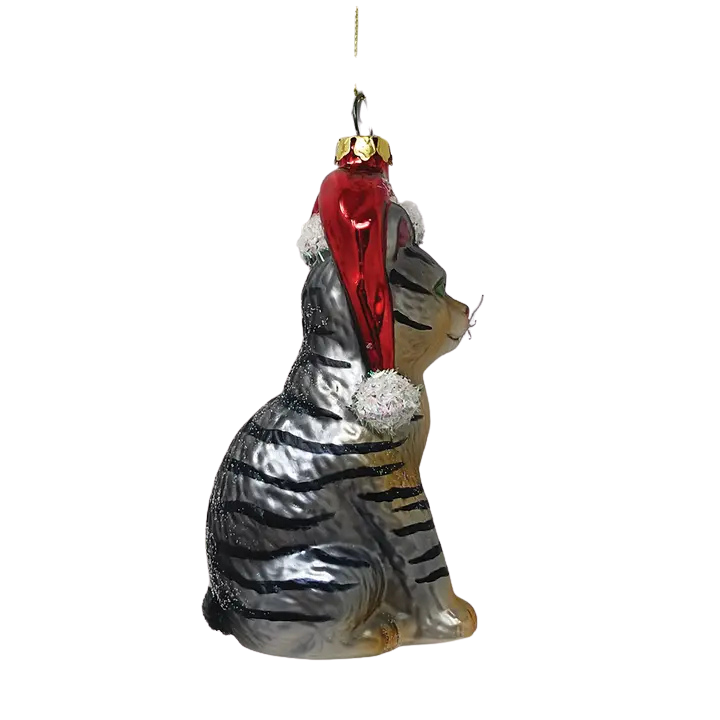 Tabby Cat with Santa Hat Glass Ornament