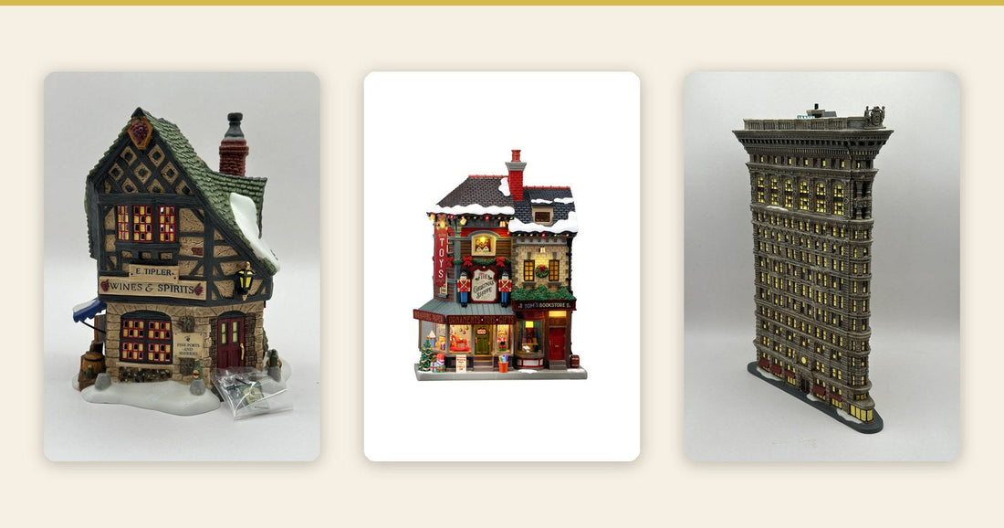 Vintage Department 56 E. Tipler shop, new Lemax The Christmas Shoppe and vintage Department 56 Flatiron Building, lit Christmas village pieces from Vintage Villages