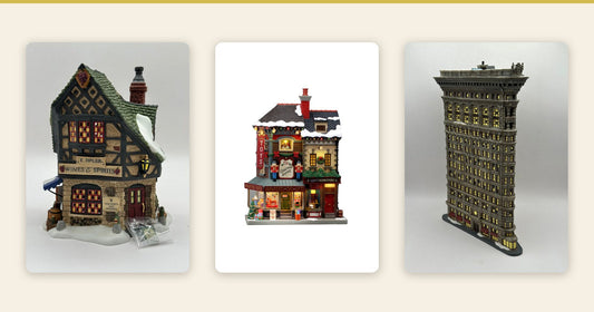 Vintage Department 56 E. Tipler shop, new Lemax The Christmas Shoppe and vintage Department 56 Flatiron Building, lit Christmas village pieces from Vintage Villages