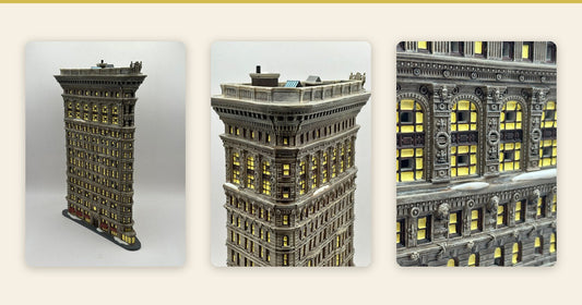 Vintage Department 56 Flatiron Building from Christmas in the City, three views: the narrow triangular prow, the rooftop corner and the lit arched windows
