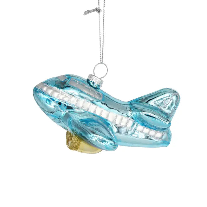Holiday Flight Blue Airplane Glass Ornament