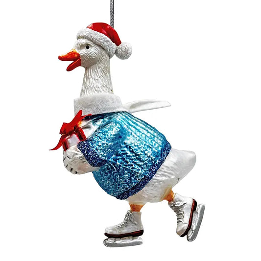 Playful Goose in Skates Glass Ornament