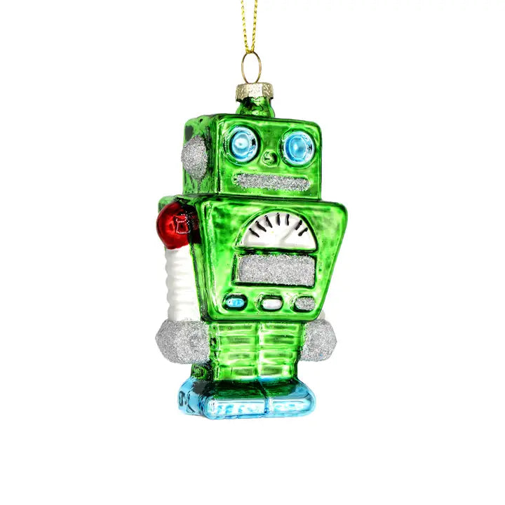 Retro Green Robot Glass Ornament
