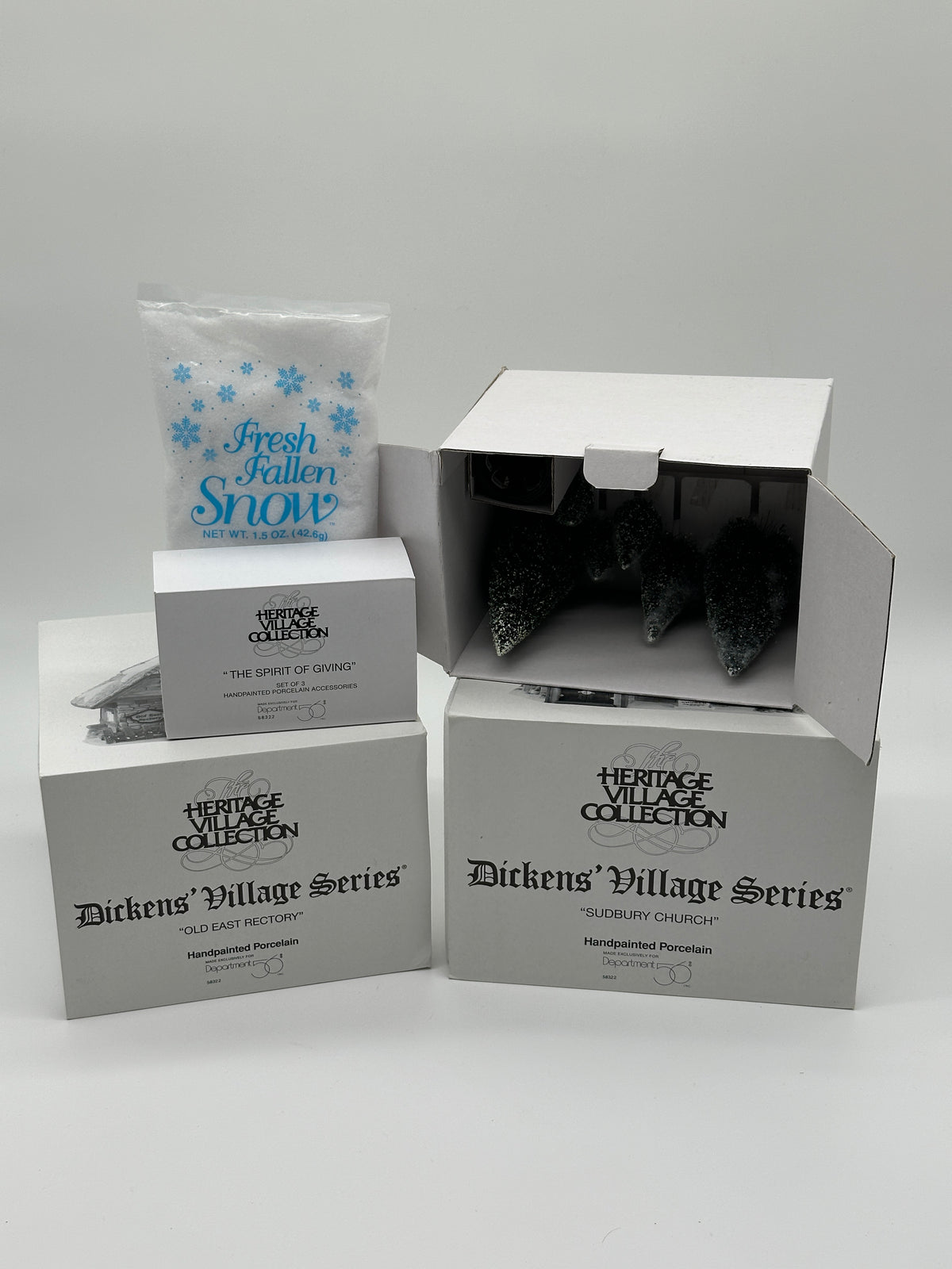 Inner Heritage Village Collection boxes for Old East Rectory and Sudbury Church, with the trees and bag of snow