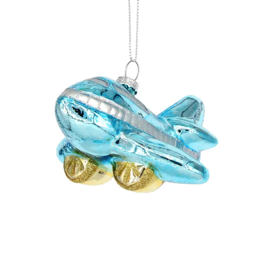 Holiday Flight Blue Airplane Glass Ornament