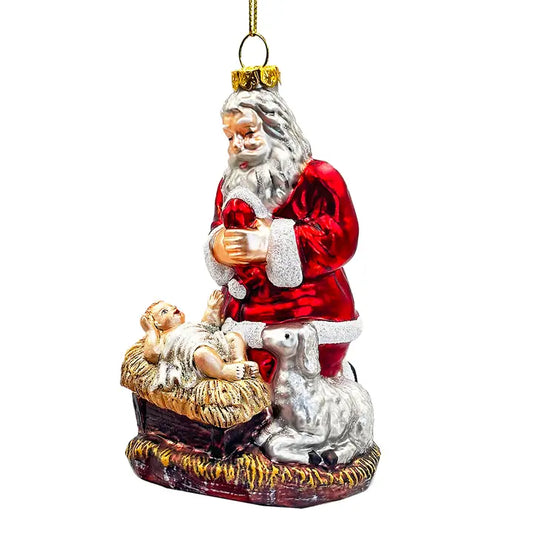 Innocent Santa and Baby Jesus Glass Ornament