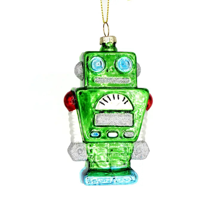 Retro Green Robot Glass Ornament