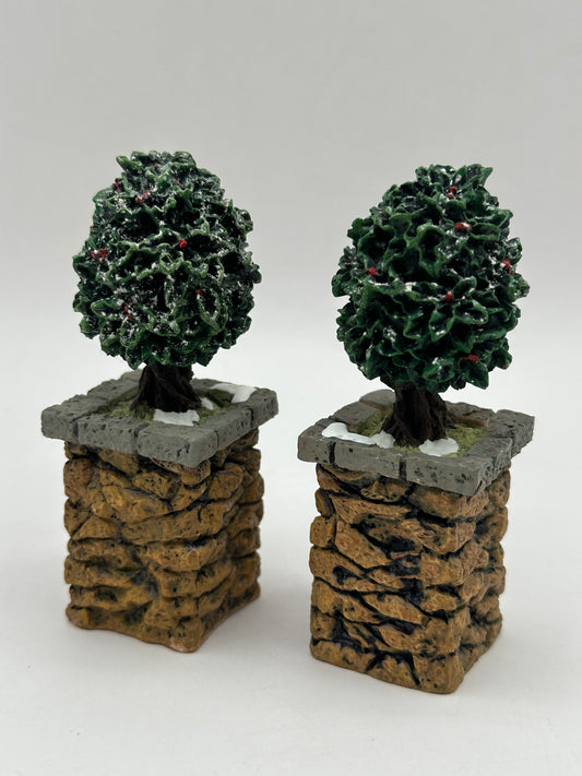 Department 56 - Stone Corner Posts with Holly Tree - Village Accessories