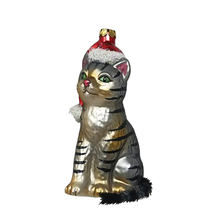 Tabby Cat with Santa Hat Glass Ornament