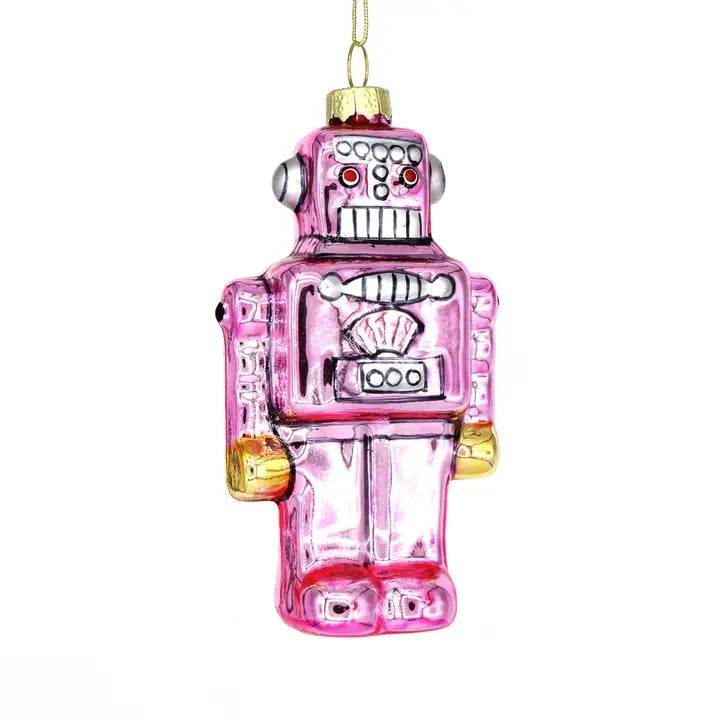 Retro Pink Robot Glass Ornament