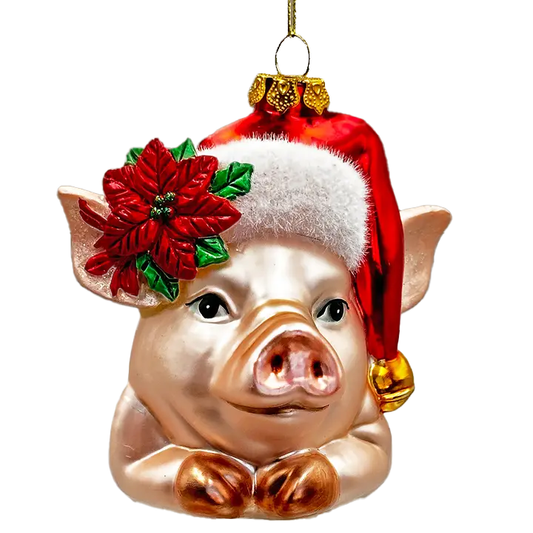 Charming Pig with Santa Hat Glass Ornament