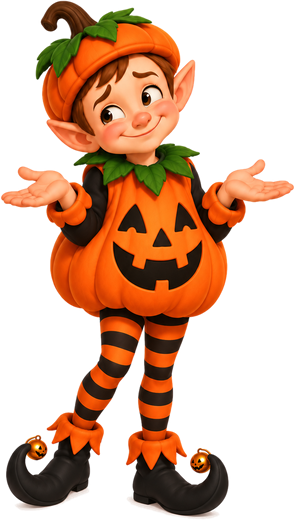A shrugging elf in a pumpkin costume